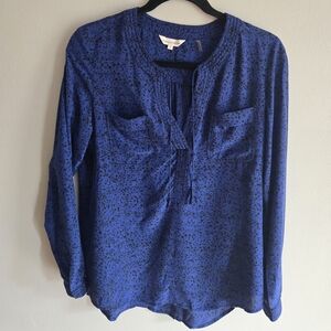 Rebecca Taylor Royal Blue Print 100% Silk Tasseled Long Sleeve Tunic Top Size 4